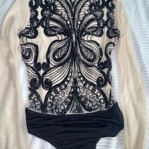 Elegant Black & cream sequined Bodysuit button on bottom part